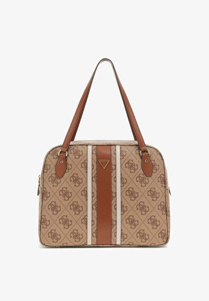 Sac à main en toile monogramme marron avec deux poignées en cuir marron, une bande centrale marron et des détails en métal doré.