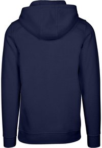 Dunkelblaues Sweatshirt mit Kapuze, langen Ärmeln und einfarbigem Stoff. Verfügt über einen gerippten Saum und Bündchen sowie ein einfaches und sauberes Design.