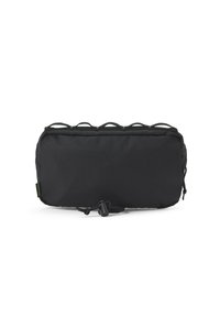 Schwarzer Stoffbeutel mit glatter Textur, rechteckiger Form, mit einem Reißverschlussverschluss und verstellbarem Kordelzug. Mit Schlaufen oben akzentuiert.