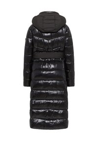 Black puffer coat with a shiny texture, long design, hood, and belted waist. Features horizontal quilting pattern throughout.