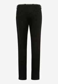 Pantalon formel noir vu de dos, doté de passants de ceinture et de deux poches arrière boutonnées sur un fond uni.