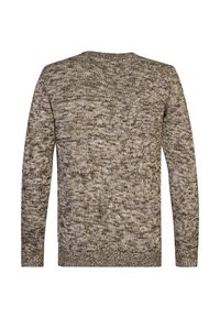 Pull en maille à manches longues avec un motif chiné dans des teintes de brun et beige, vu de dos.