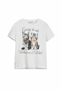 T-shirt en coton blanc avec un imprimé graphique de deux chatons portant des accessoires, avec le texte "Je vais faire ce que je veux" en dessous.