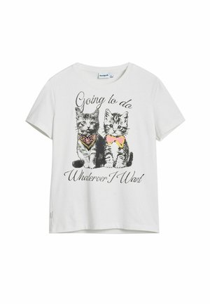 Weißes Baumwoll-T-Shirt mit einem grafischen Druck von zwei Kätzchen, die Accessoires tragen, und dem Text "Werde tun, was ich will" darunter.
