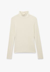 Langärmliges, cremefarbenes Rollkragenoberteil aus weichem, elastischem Stoff. Es zeichnet sich durch eine figurnahe Silhouette und eine glatte Textur mit minimalen Nähdetails aus.