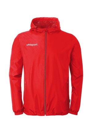 Rote Kapuzenjacke mit Frontreißverschluss und elastischen Bündchen, mit "uhlsport"-Logo auf der Brust und seitlichen Reißverschlusstaschen.