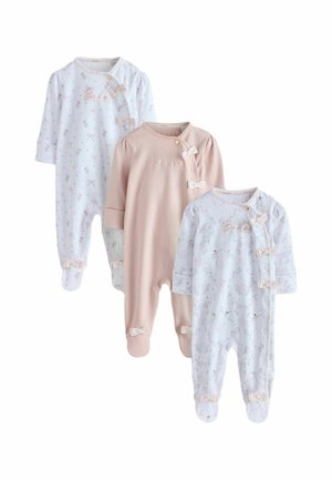 Drei langärmelige Babybodys in Pastellrosa und Weiß mit Blumenmustern, Schleifen und Druckknöpfen vorne und an den Beinen.
