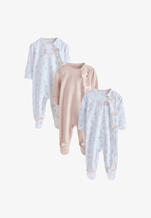 Tre body per neonati a manica lunga in rosa pastello e bianco con motivi floreali, fiocchi e chiusure a pressione sul davanti e sulle gambe.