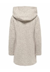 Manteau en laine beige clair texturé avec manches longues et capuche attachée, vu de dos.