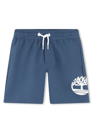 Shorts de bain bleu marine avec une taille élastique et un cordon de serrage blanc ; présentent un logo d'arbre blanc sur la jambe gauche et des poches latérales.