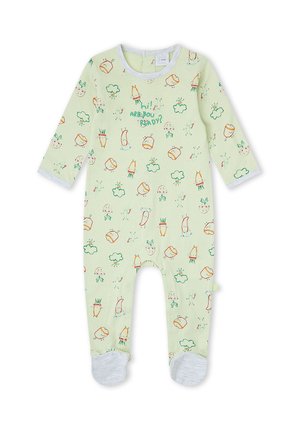 Peto verde claro para bebé con caras juguetonas de verduras, nubes y texto "¡Hola! ¿ESTÁS LISTO?" con patucos y puños blancos.