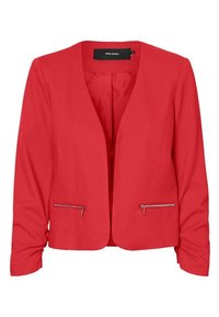 Red tailored blazer made of textured fabric with a shawl collar. Features two front zip pockets and a smooth interior lining.