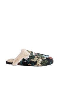 Hausschuh mit Blumenmuster aus schwarzem Stoff, ausgestattet mit einem kuscheligen Kunstpelzmanschette, langlebiger Sohle und einem gemütlichen Schlupf-Design.