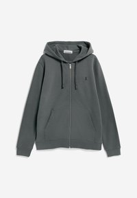 Haut à capuche gris zippé en tissu doux, doté d'une poche frontale, d'une capuche avec cordon et d'un petit logo sur la poitrine. Coupe standard.