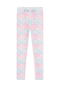 Rosa och blå leggings med ett upprepande logomönster. Tillverkade av elastiskt material och har en grå märkesresår.