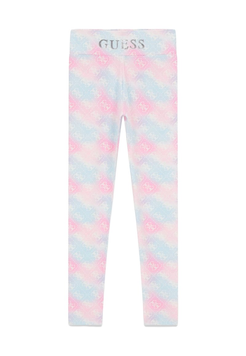 Rosa och blå leggings med ett upprepande logomönster. Tillverkade av elastiskt material och har en grå märkesresår.