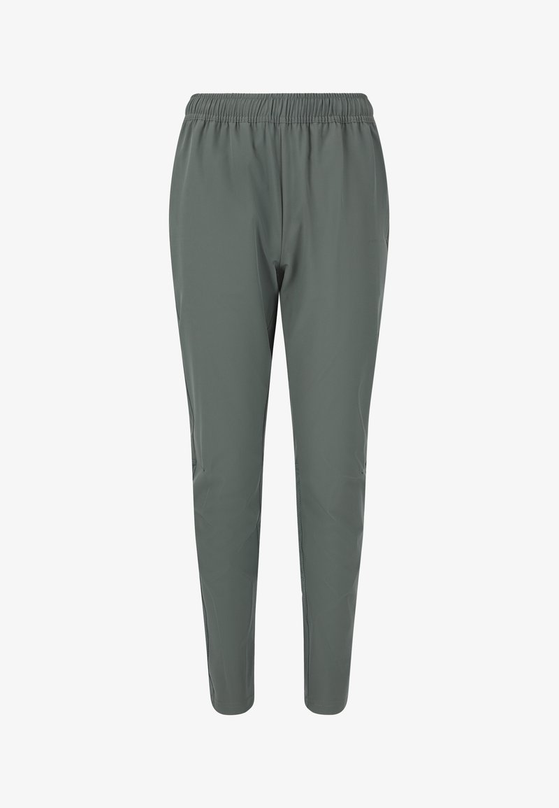 Pantalon gris pour homme avec taille élastique et coupe tapered, doté de poches latérales, fabriqué en tissu léger et lisse.