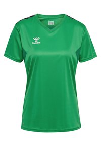 T-shirt de sport vert à manches courtes, fabriqué en tissu lisse et évacuant l'humidité. Design en V avec des rayures noires d'accent sur les épaules. Logo Hummel.