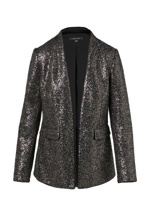 Blazer nero con paillettes, chiusura a un bottone, due tasche frontali e foderato con un rivestimento interno liscio. Presenta un design con revers classico.