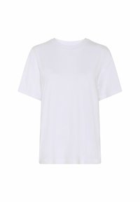 Einfaches weißes T-Shirt mit kurzen Ärmeln und Rundhalsausschnitt, leger geschnitten, auf weißem Hintergrund dargestellt.