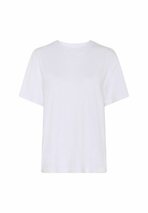 Jednoduché biele tričko s krátkymi rukávmi a okrúhlym výstrihom s voľným strihom, zobrazené na bielom pozadí.