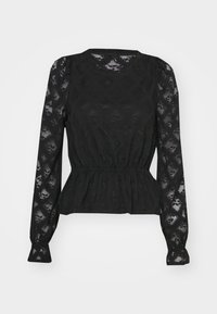 Schwarze Bluse mit langen Puffärmeln, strukturiertem Spitzenstoff, gerafftem Bund und rundem Ausschnitt. Transparente Panelelemente überall.