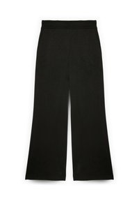 Zwarte wijde broek gemaakt van zachte stof, met een geperforeerd ontwerp aan de voorkant en een elastische tailleband voor extra comfort.