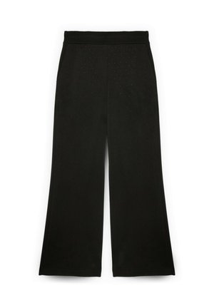 Pantaloni neri a gamba larga realizzati in tessuto morbido, con un design perforato lungo la parte anteriore e una cintura elastica per il massimo comfort.