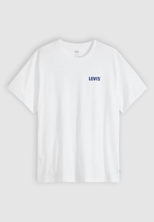 Valge puuvillane T-särk, millel on ülaosas vasakul rinnal sinine "LEVI'S" logo. Vabaaja lühikeste varrukatega disain ja ümar kaelus.
