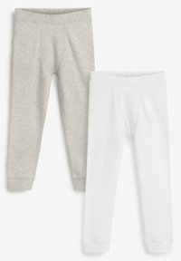 Zwei Paare Kinderleggings: eine hellgrau mit weichem Material und eine weiß, beide mit elastischen Taillenbünden und eng anliegenden Abschlüssen.