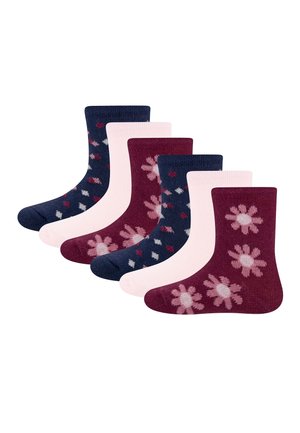 Six pairs of children's crew socks in navy, pink, and burgundy colors, featuring flower and heart patterns, arranged in alternating order.