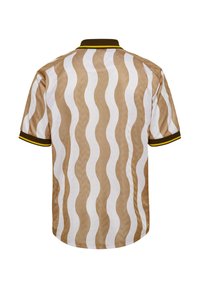 Kortärmad skjorta med ett vågigt mönster i beige och vitt, med en brun krage och gula detaljer på ärmsluten, tillverkad av ett mjukt tyg.