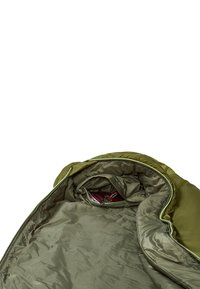 Olivgrüner Schlafsack mit einem glatten, strukturierten Innenfutter. Verfügt über eine Reißverschlusstasche und einen kontrastierenden hellgrünen Reißverschlussrand.