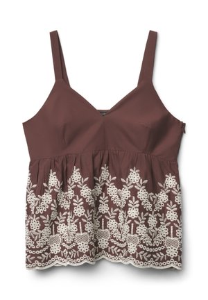 Haut sans manches marron avec col en V et broderie florale blanche le long de la partie inférieure froncée et ourlet festonné.