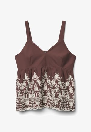 Top marrone senza maniche con scollo a V e ricamo floreale bianco lungo la metà inferiore arricciata e orlo smerlato.