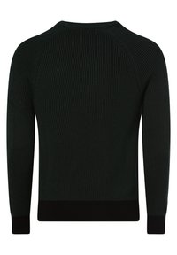 Pull côtelé vert foncé avec manches longues, encolure ronde, et poignets et ourlet noirs contrastants. Texture douce avec une coupe ajustée.