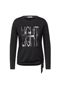 Schwarzes Langarmshirt mit einer Mischung aus silbernen und weißen bedruckten Buchstaben. Enthält einen gebundenen Akzent an der Hüfte und einen runden Halsausschnitt.