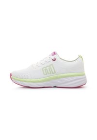 Zapatillas deportivas blancas con parte superior de malla transpirable, detalles en verde lima y suela rosa. Presentan un diseño de cordones y un logo en el lateral.