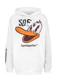 Valge kapuutsiga sviiter, millel on joonistatud karikatuuriade nägu. Musta teksti "SDF" ja "SuperDuperFlex" mustas ja oranžis. Ees küljetasku.