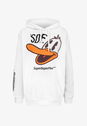 Valge kapuutsiga sviiter, millel on joonistatud karikatuuriade nägu. Musta teksti "SDF" ja "SuperDuperFlex" mustas ja oranžis. Ees küljetasku.