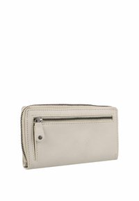 Lichtgrijze leren portemonnee met een gestructureerde afwerking, voorzien van een voorvak met ritssluiting en een ritssluiting langs de bovenrand.