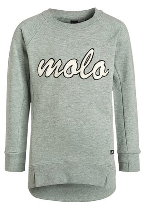 Hellgraues Sweatshirt mit langen Ärmeln, gerippten Bündchen und Saum, mit weißem, gesticktem "molo"-Schriftzug in Schreibschrift auf der Brust.