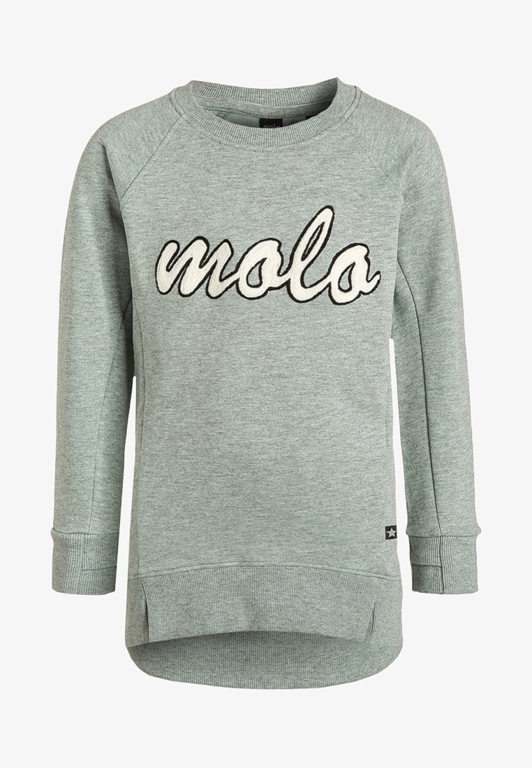 Sweat-shirt gris clair à manches longues avec poignets et ourlet côtelés, arborant le texte "molo" brodé en blanc en police cursive sur la poitrine.
