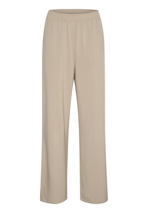 Pantaloni beige con vita elastica e vestibilità ampia; realizzati in tessuto morbido e leggero; presentano un design a gamba dritta e nessun motivo visibile.