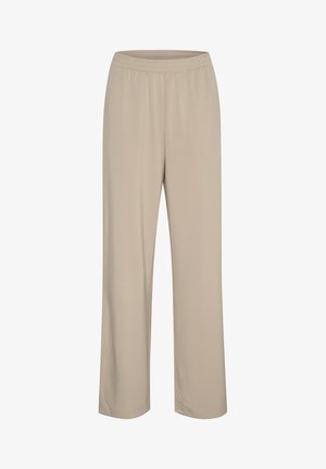 Pantaloni beige con vita elastica e vestibilità ampia; realizzati in tessuto morbido e leggero; presentano un design a gamba dritta e nessun motivo visibile.