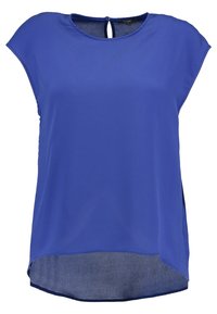 Krátký rukáv top v živé modré barvě, s kulatým výstřihem, detailem klíčové dírky na zádech a mírně prodlouženým zadním lemem. Hladká textura.