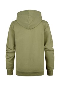 Felpa verde oliva realizzata in tessuto morbido, con maniche lunghe, cappuccio con cordino e polsini e orlo a coste.