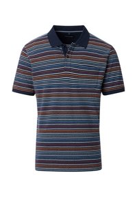 Striped polo shirt in navy, featuring horizontal stripes in orange, white, and burgundy. Soft cotton material with a collar and pocket detail.