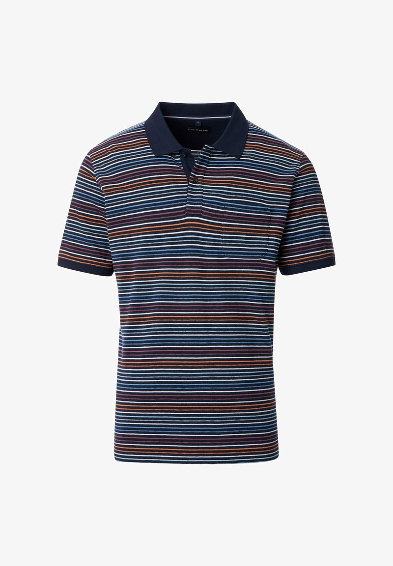 Striped polo shirt in navy, featuring horizontal stripes in orange, white, and burgundy. Soft cotton material with a collar and pocket detail.