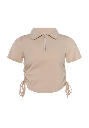 Beige cropped poloshirt met korte mouwen, rits aan de voorkant en verstelbare koordjes aan de zijkanten.